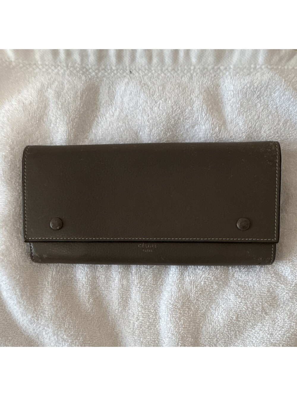 CELINE Women’s Gray & Yellow Snap Flap Wallet w/ Logo, Credit Card Slots.